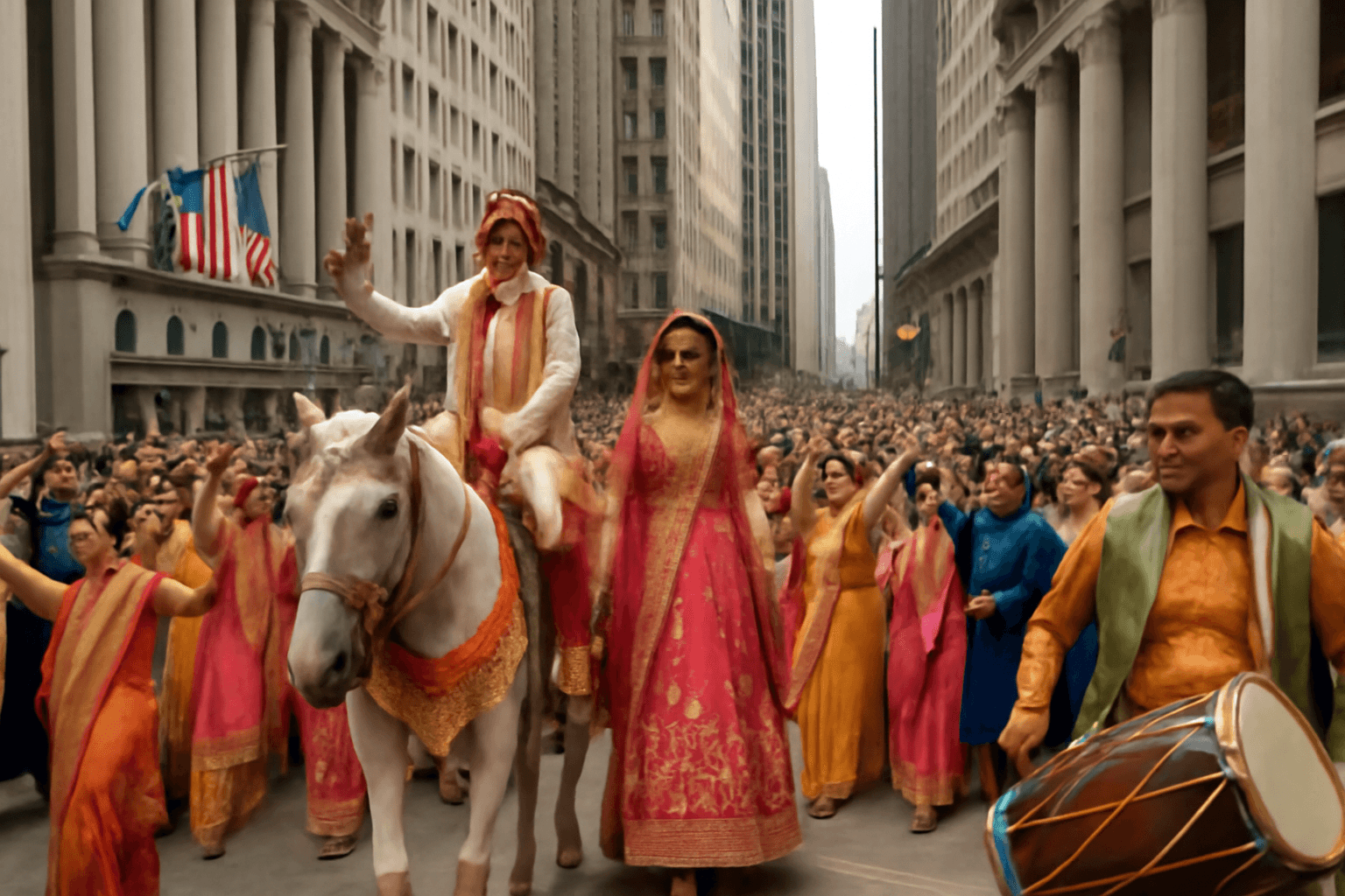 Indian Wedding Baraat Celebrated with Dhols on Wall Street Goes Viral Indian Wedding Baraat Celebrated with Dhols on Wall Street Goes Viral