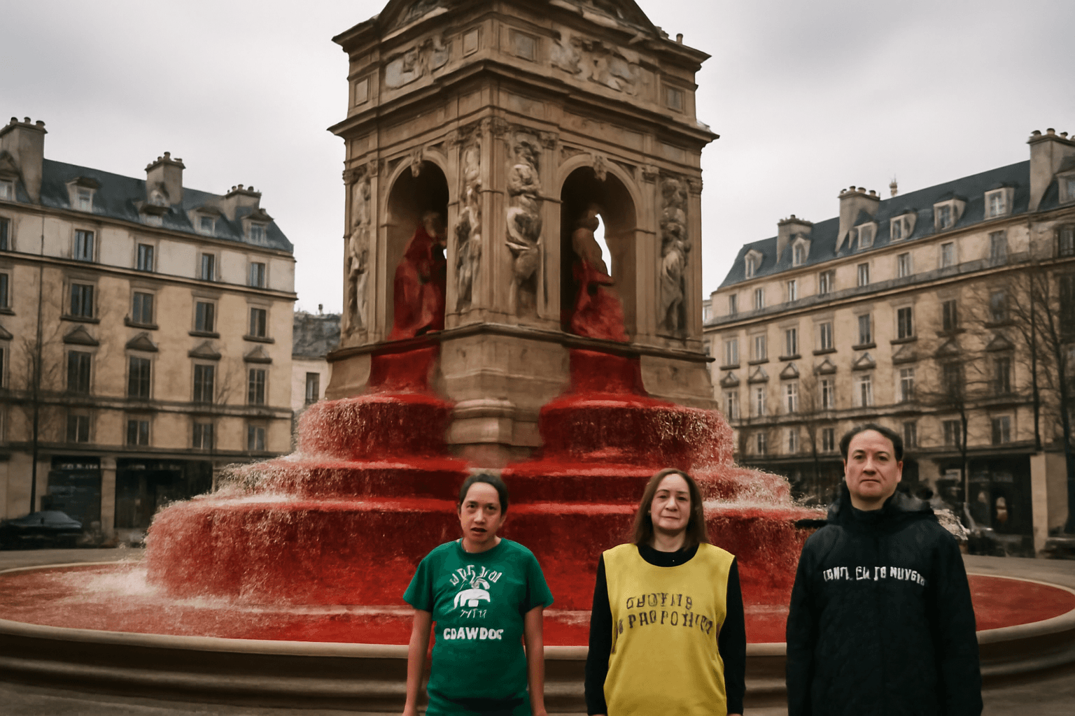 Activists Dye Paris Fountain Red to Protest Gaza Humanitarian Crisis Activists Dye Paris Fountain Red to Protest Gaza Humanitarian Crisis